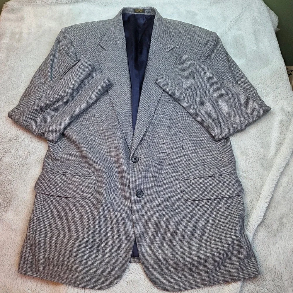 Vintage Robert Stock Silk Blazer Mens 42R Blue White Micro Check Sport Coat
